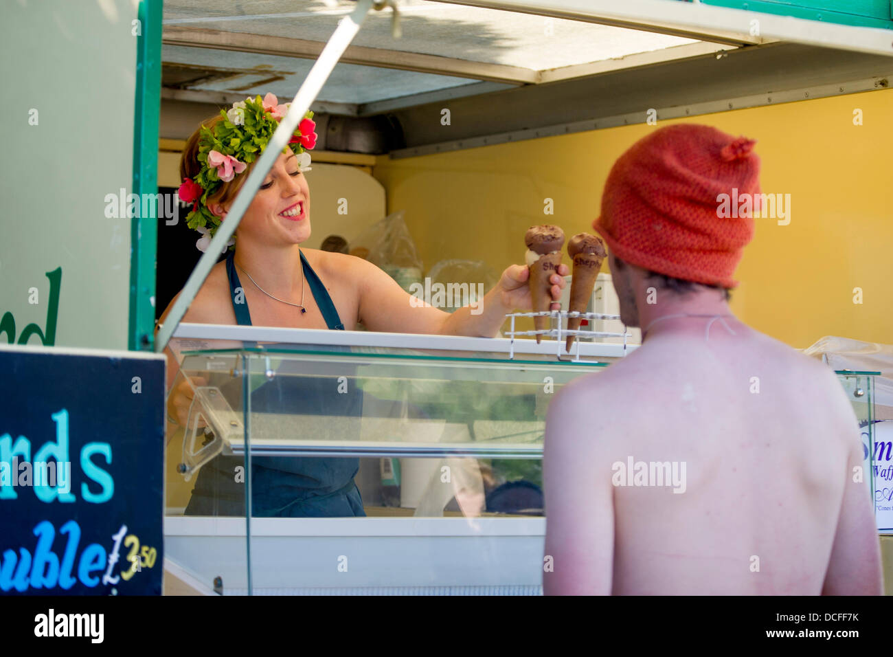 CRICKHOWELL, UK. 16h August 2013. Day two of Green Man Festival. This ice cream stall had a large queue as the heat increased. © Polly Thomas Credit:  Polly Thomas/Alamy Live News Stock Photo