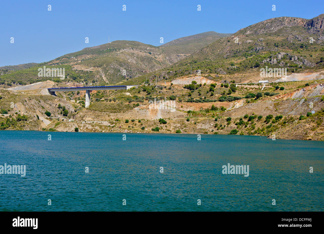 reservoir of the Rules dam, view from the dam, Vélez de Benaudalla, Province of Granada, Spain Stock Photo