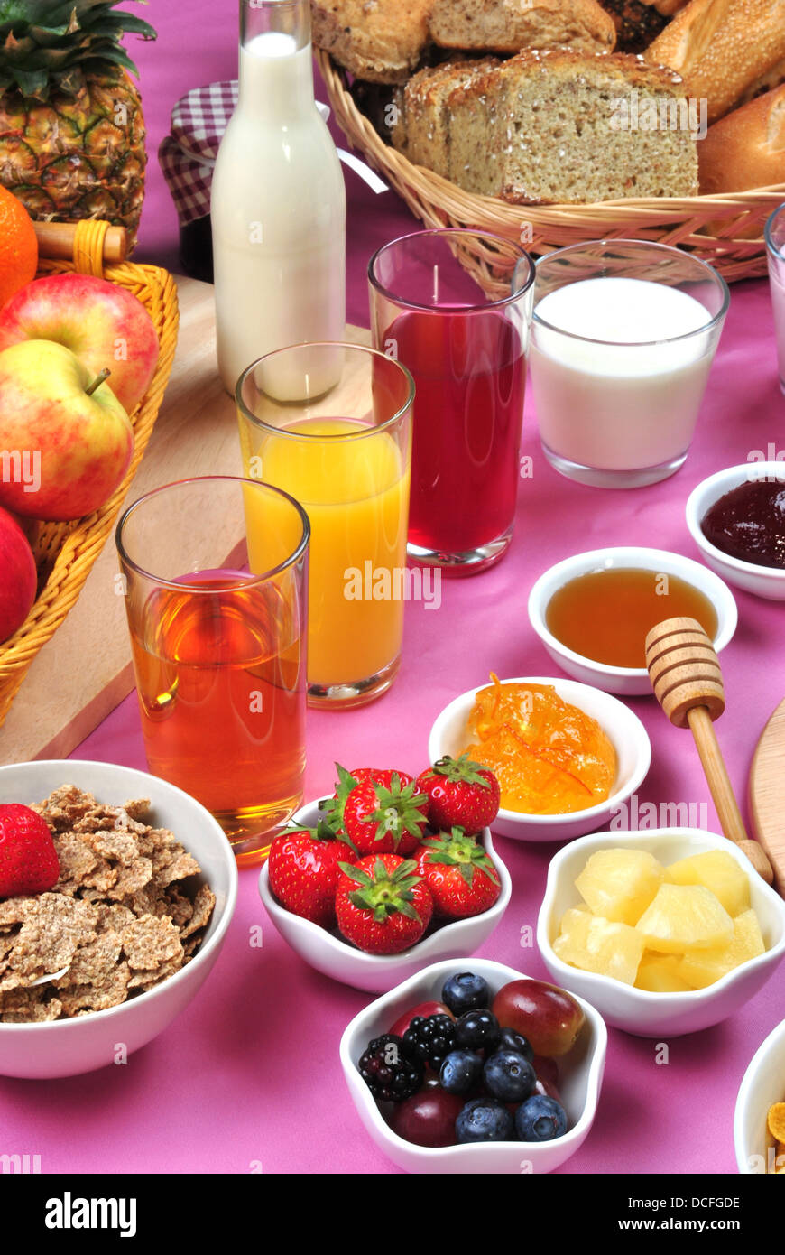 full breakfast with organic juice and jam Stock Photo - Alamy