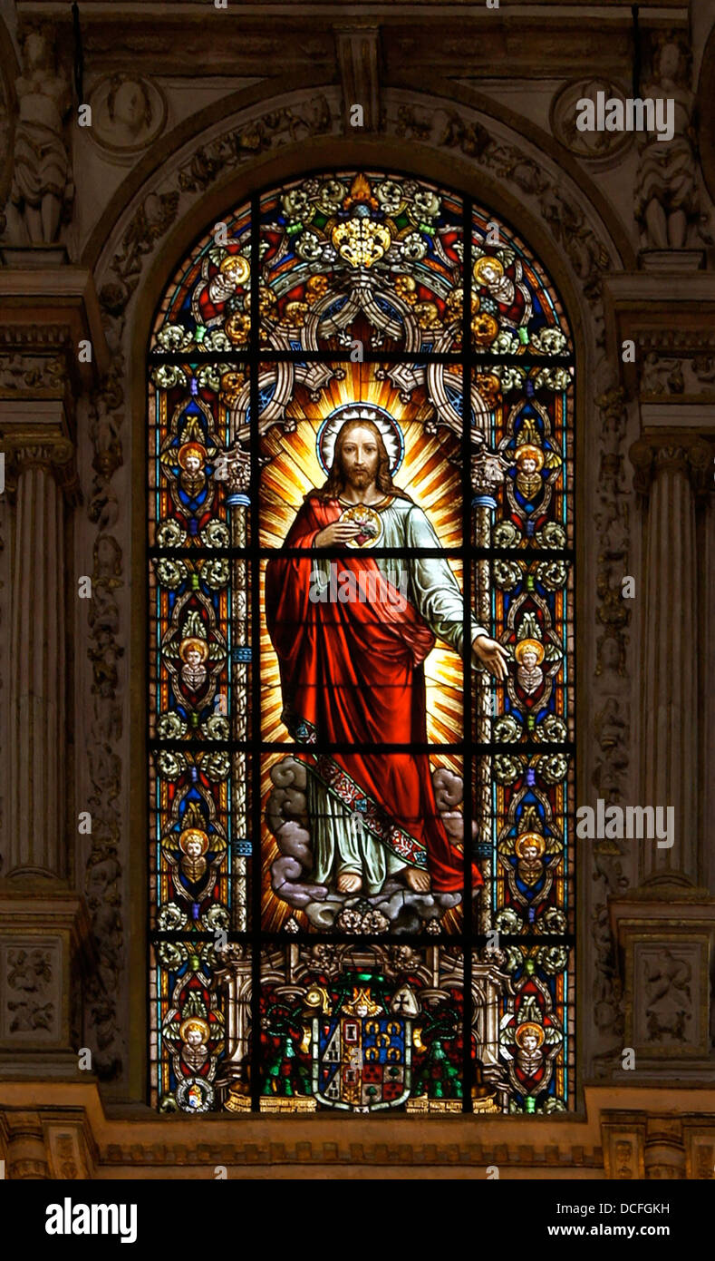 Stained glass window of the sacred Heart of Jesus Christ in the former Mosque (Cathedral) of Cordoba, Spain Stock Photo