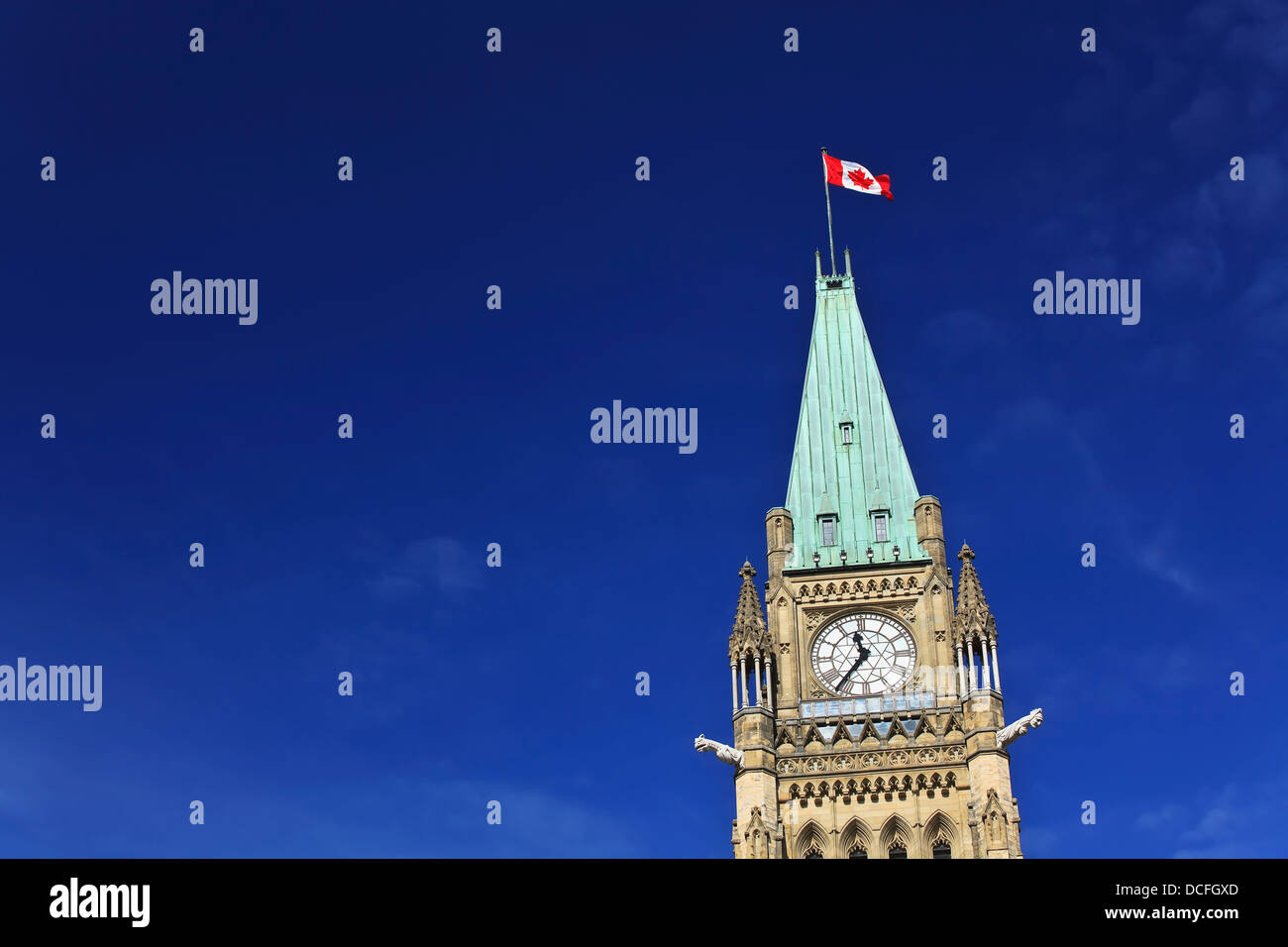 Canadian Flag On Peace Tower In Parliament Buildings;Ottawa Ontario Canada Stock Photo