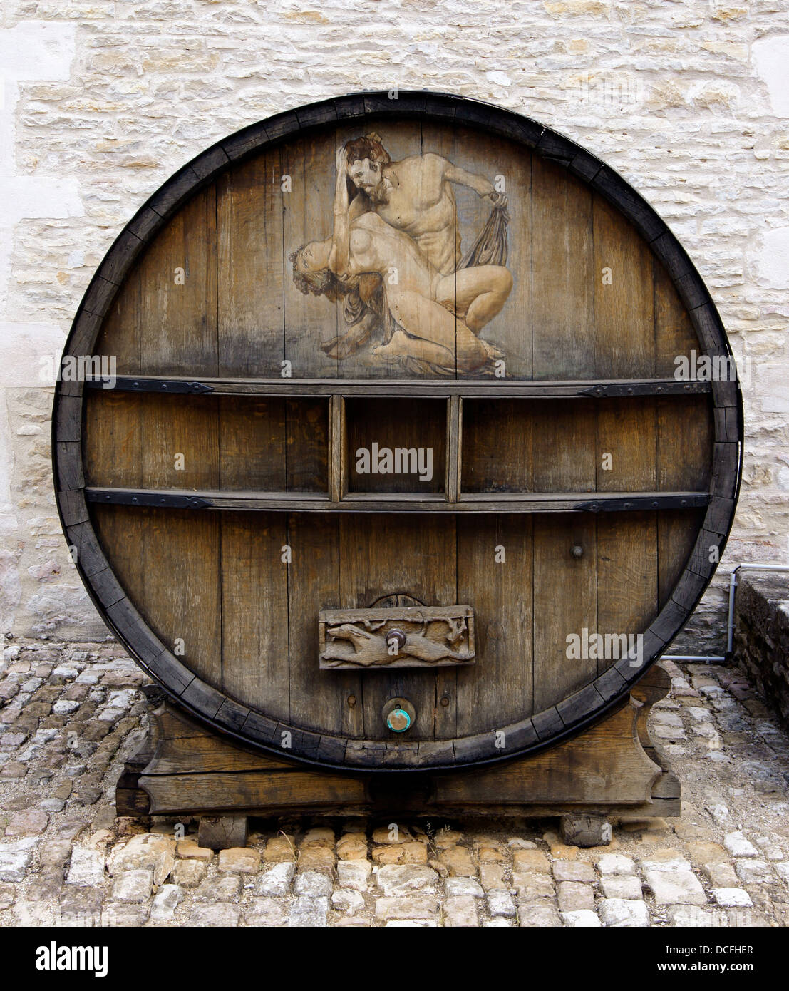 Old Wine painted barrel in Château de Pommard, Burgundy, France Stock Photo