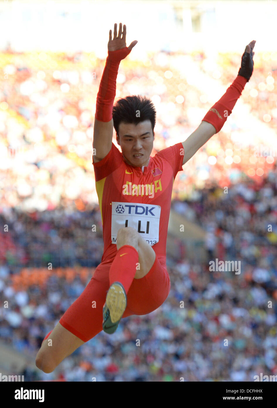 Moscow, Russia. 16th Aug, 2013. Jinzhe Li of China competes in the Men's Long Jump Final at the 14th IAAF World Championships in Athletics at Luzhniki Stadium in Moscow, Russia, 16 August 2013. Photo: Bernd Thissen/dpa/Alamy Live News Stock Photo