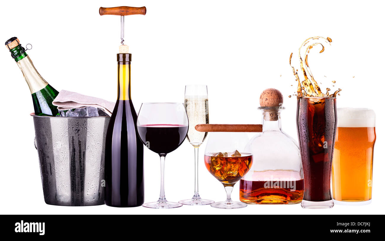 Set of different alcoholic drinks and cocktails beer,martini,soda