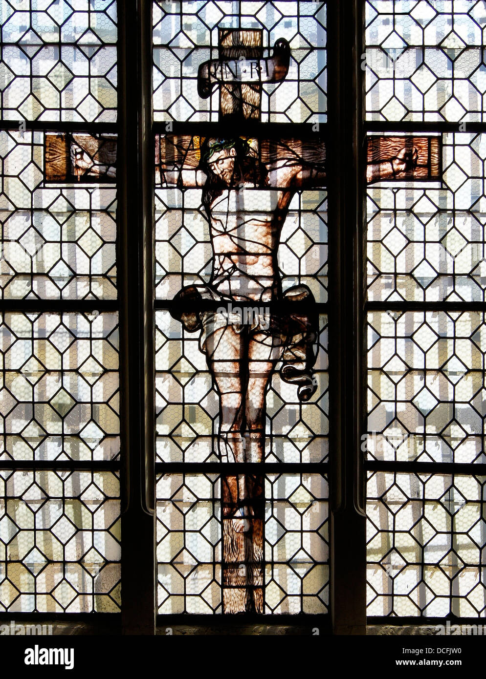 stained glass window of the 17th century, representing the crucifixion of Jesus, Church Saint-Etienne du Mont, Paris Stock Photo