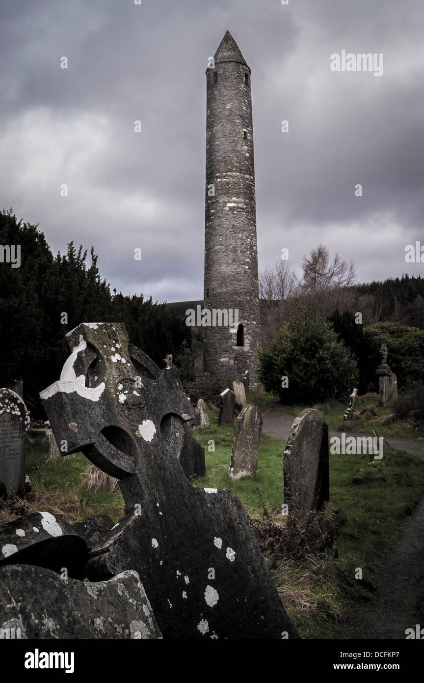 The Round Tower in the Monastic City, Glendalough Valley, Ireland. Stock Photo