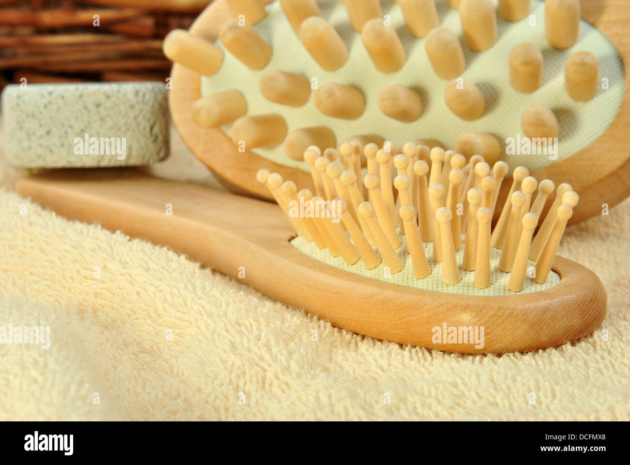 new hair brush on a terry cloth towel Stock Photo