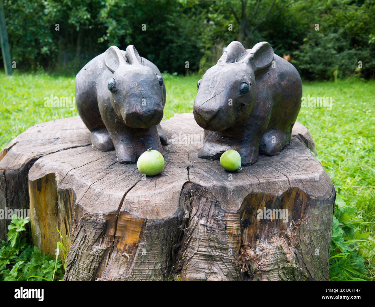Two wooden rabbits sitting on a tree stump pretending to eat apples. Stock Photo