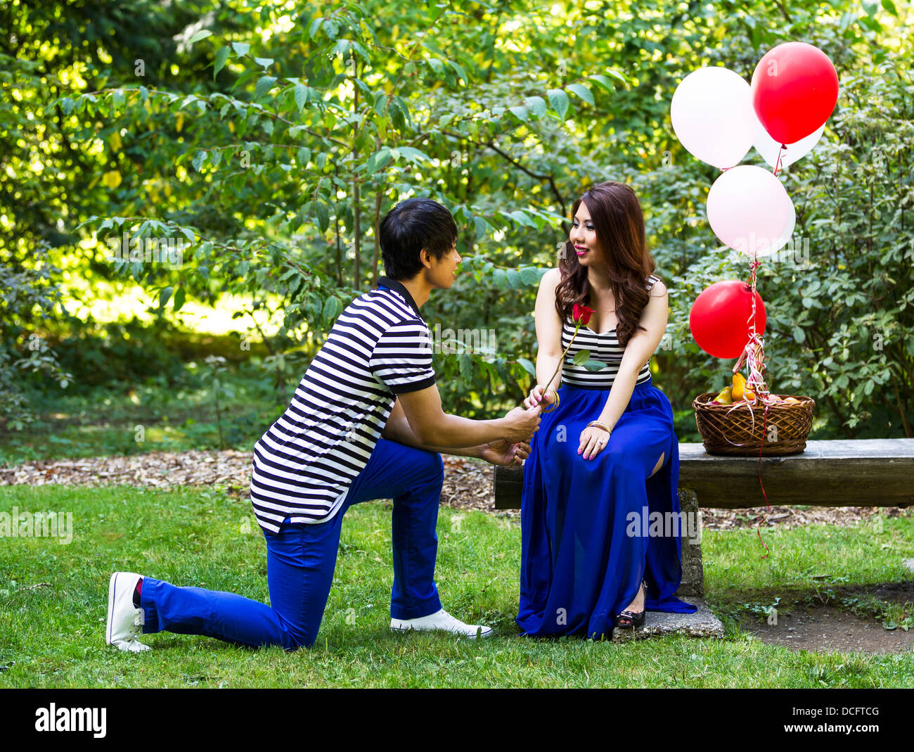 Horizontal photo of young adult man, on one knee with single red rose, proposing to his lady with balloons, basket of fruit Stock Photo