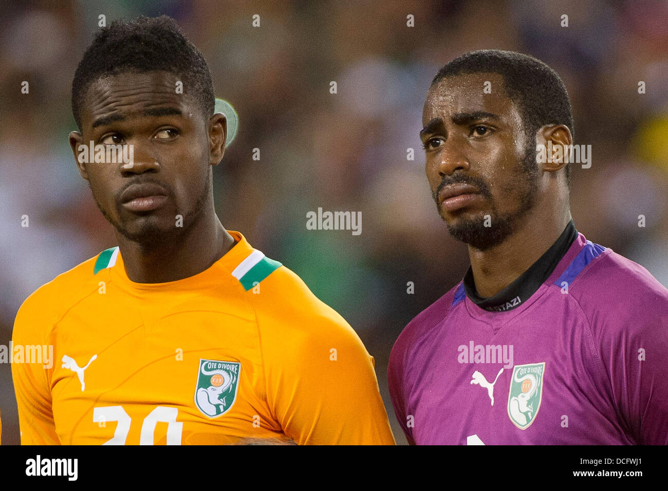 Aug. 14, 2013 - East Rutherford, New Jersey, U.S - August 14, 2013: Ivory Coast National Team midfielder Abdul Razak (20) and Ivory Coast National Team goalkeeper Boubacar Barry (1) look on prior to the International friendly match between Mexico and Ivory Coast at Met Life Stadium, East Rutherford, NJ. Mexico defeated Ivory Coast 4-1. Stock Photo