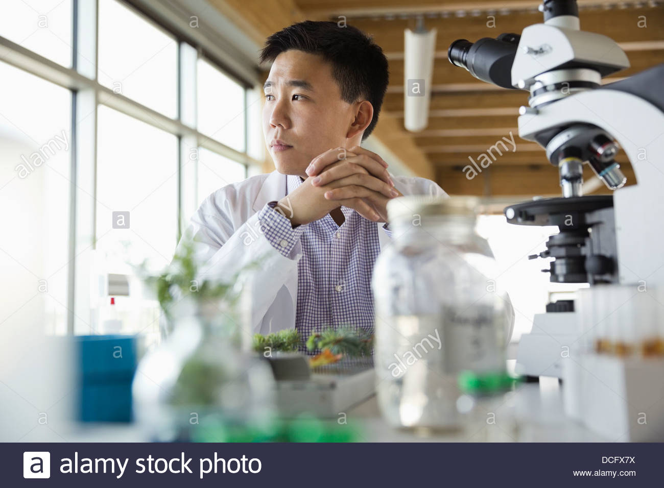 Thoughtful botanist sitting in laboratory Stock Photo