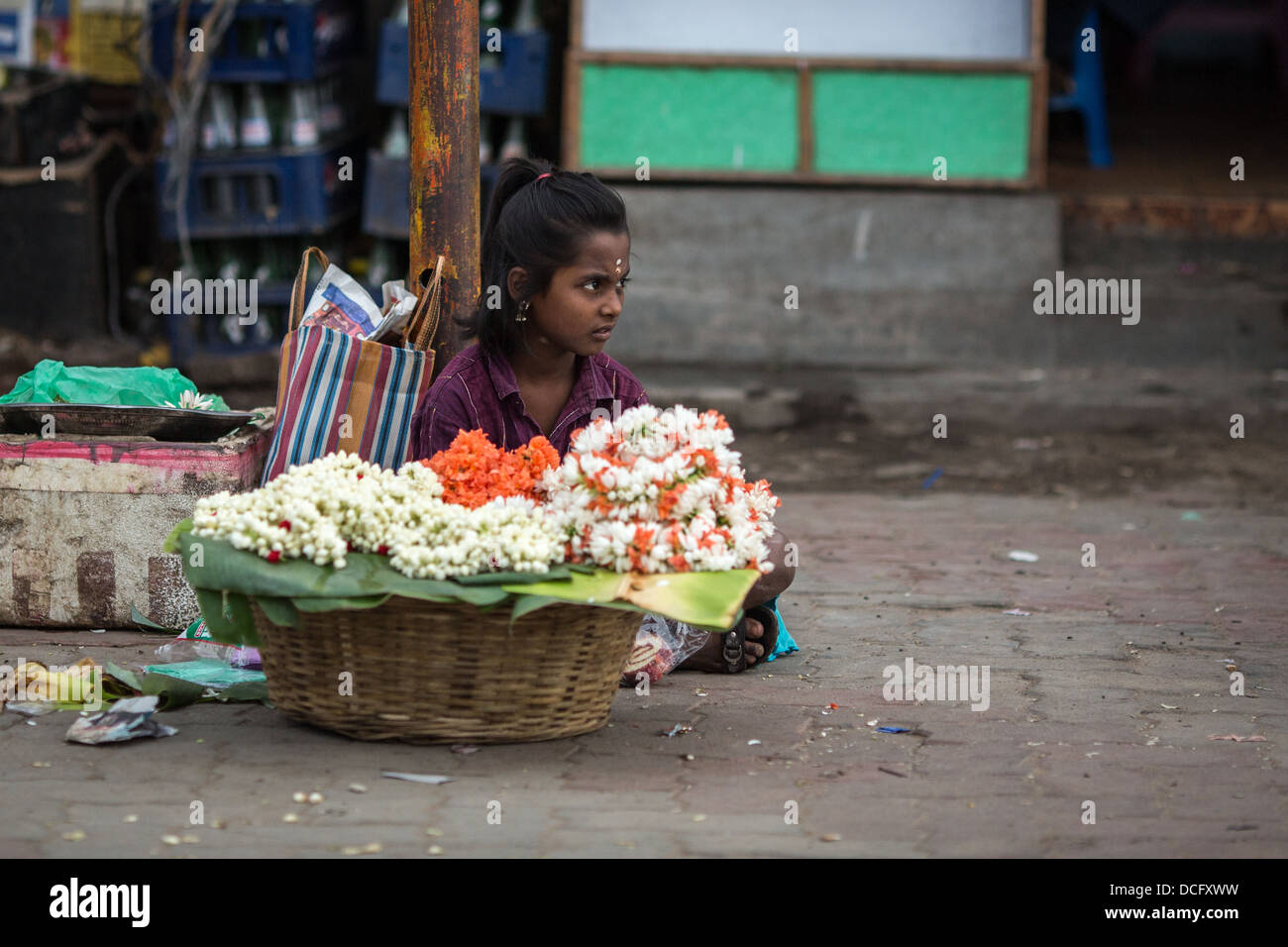Indian girl selling flowers in the street Stock Photo Alamy