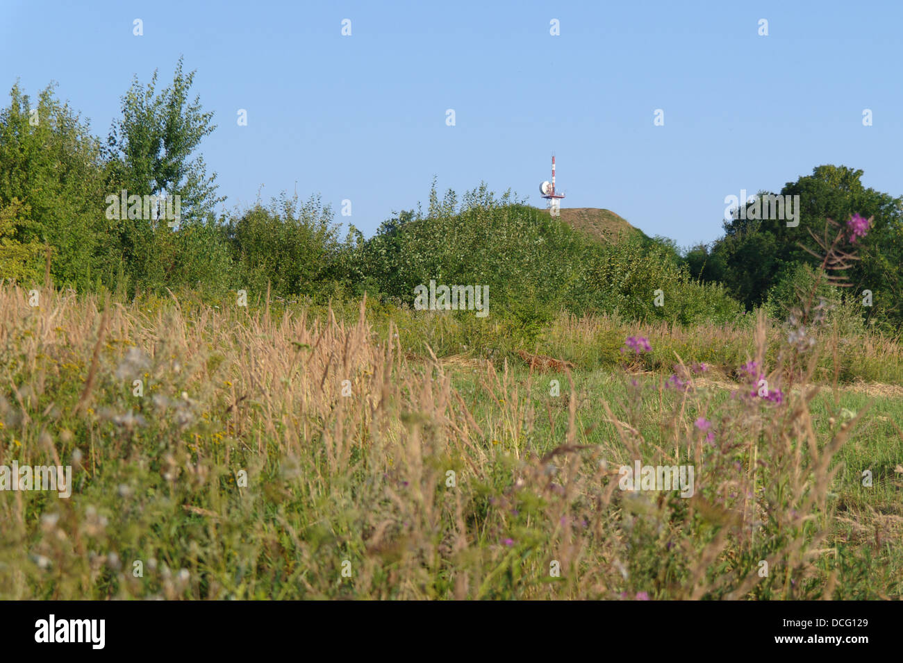 top of the TV tower against a background Tatar Mound in Przemysl Poland Stock Photo