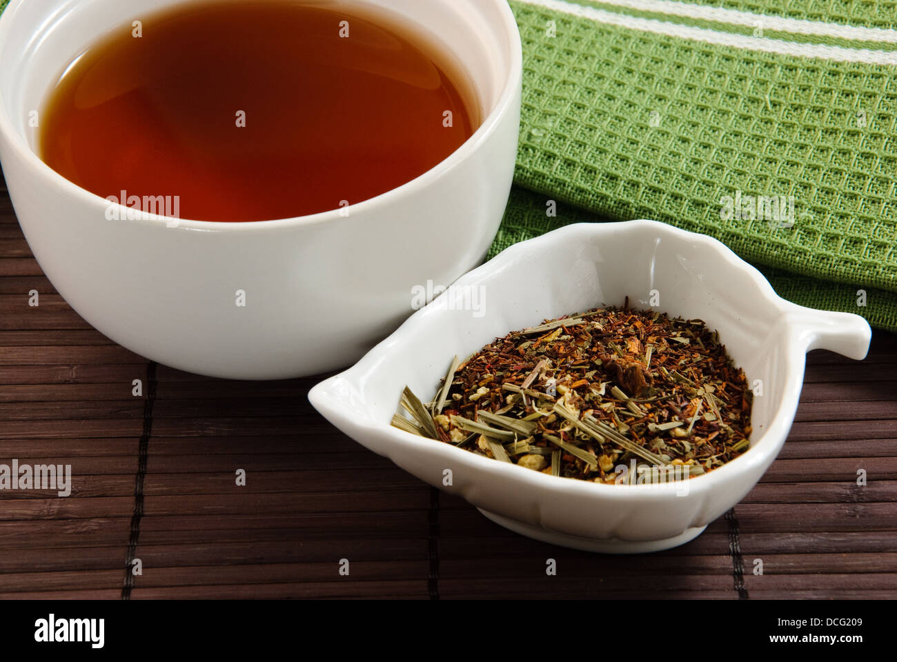 soothing tea on bamboo mat Stock Photo