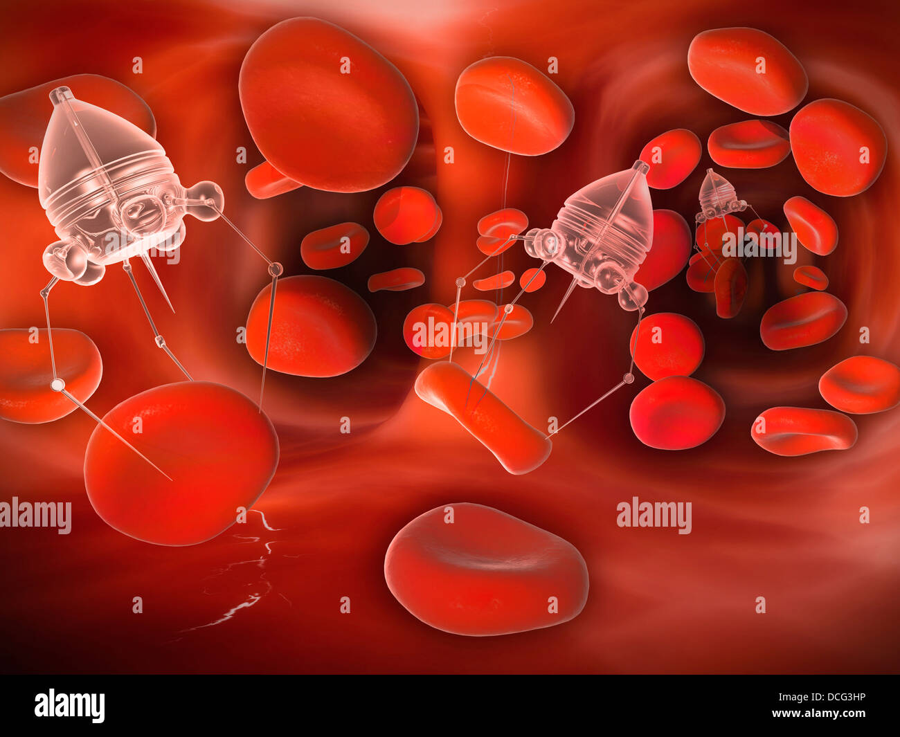 Medical nanobots in the bloodstream with red blood cells. Stock Photo