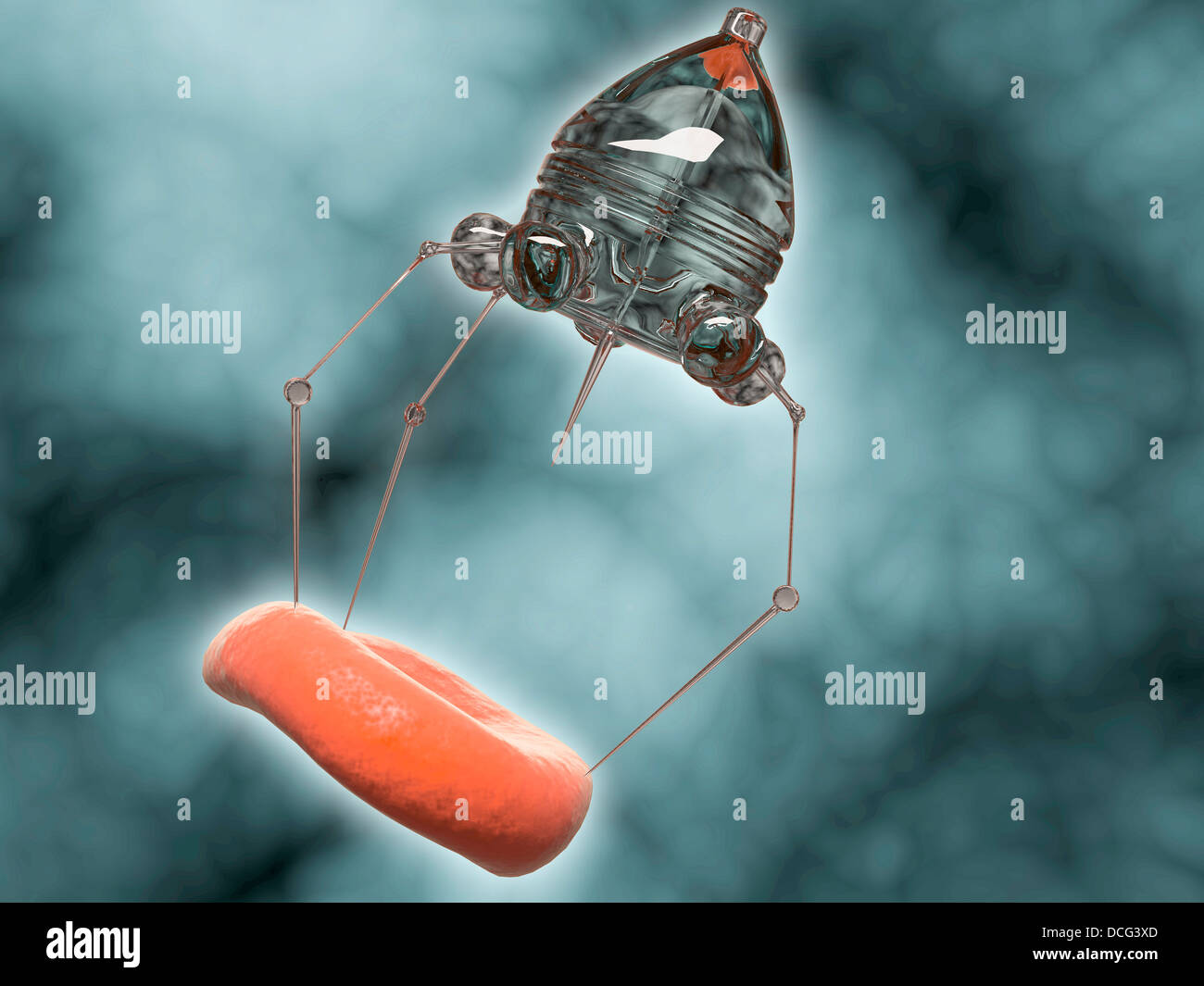 Conceptual image of a nanobot injecting a red blood cell. Stock Photo