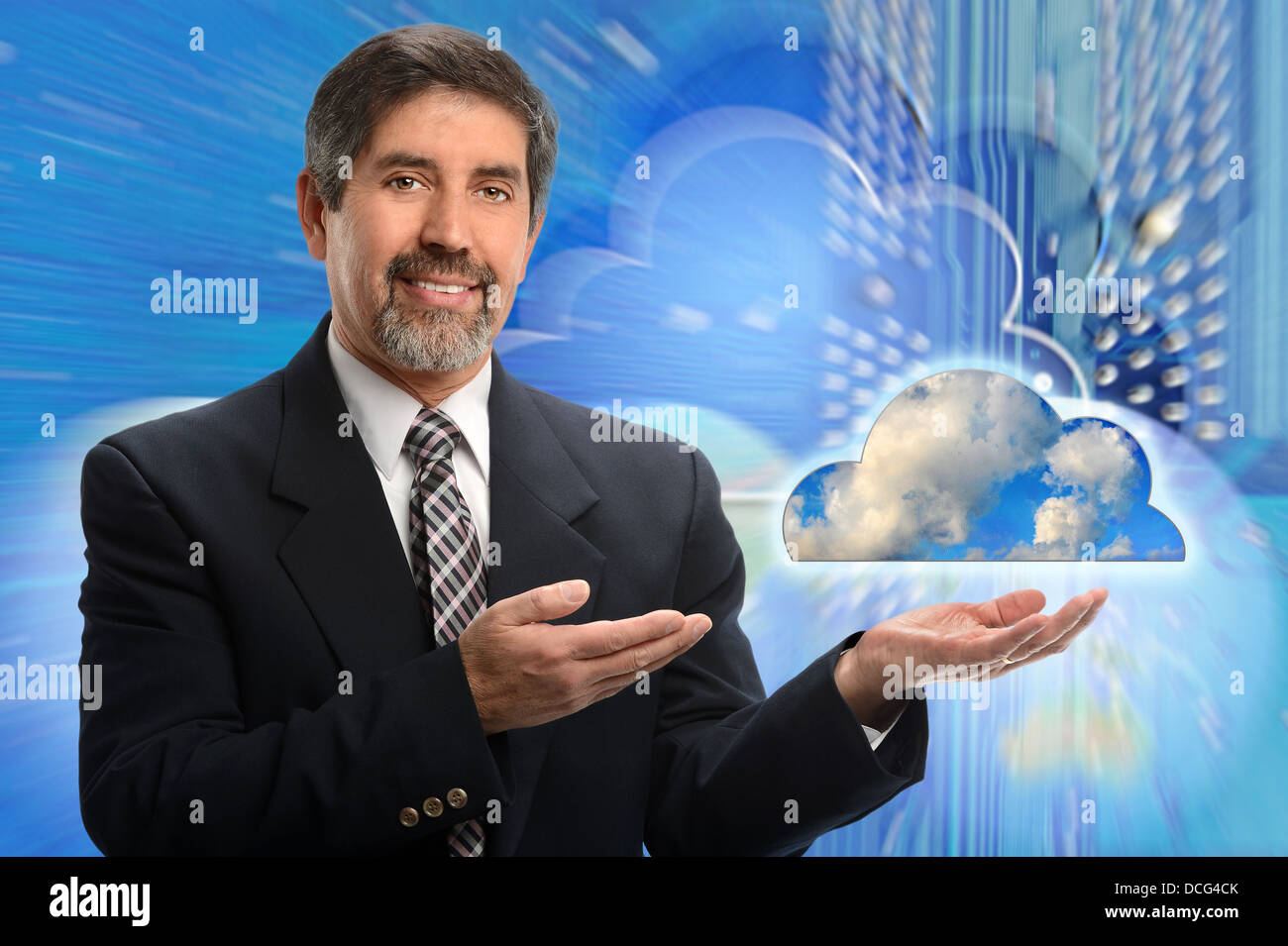 Portrait of senior Hispanic businessman showing cloud computing concept Stock Photo
