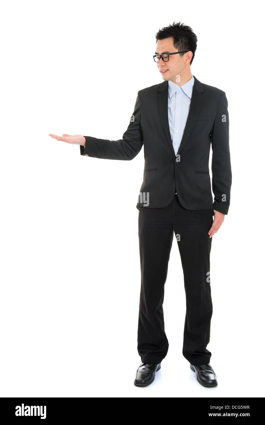 Full body portrait of young handsome smiling Asian business man hand ...