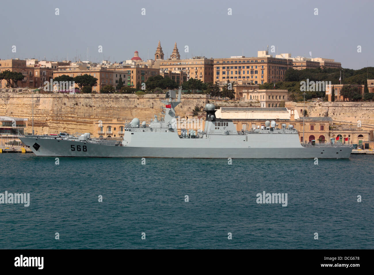 Two Chinese Navy frigates, the Hengyang (visible) and the Huangshan (obscured), moored side by side in Malta's Grand Harbour Stock Photo