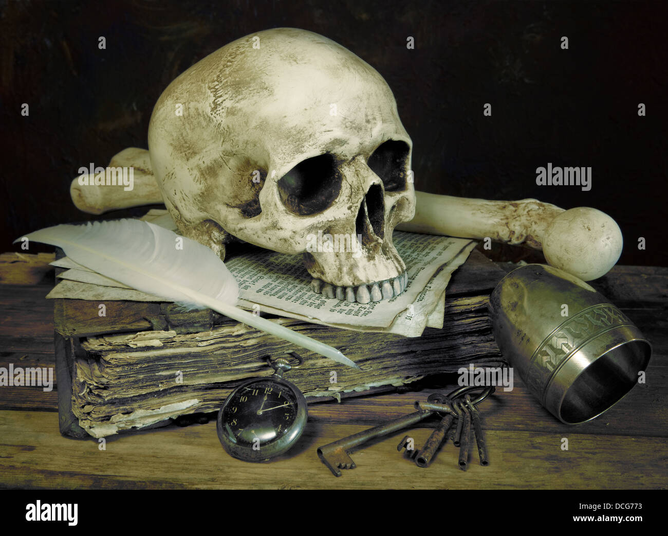 Photo impression of the old master painting “vanitas” with antique skull Stock Photo
