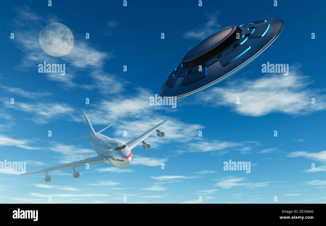 UFO  Buzzing A Commercial Airliner. Stock Photo