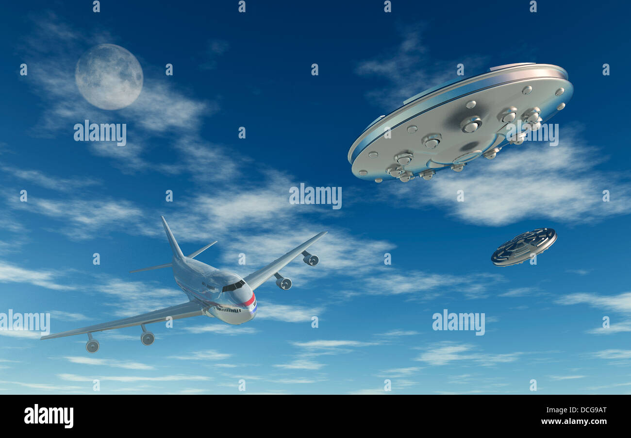 UFOs Buzzing A Commercial Airliner. Stock Photo