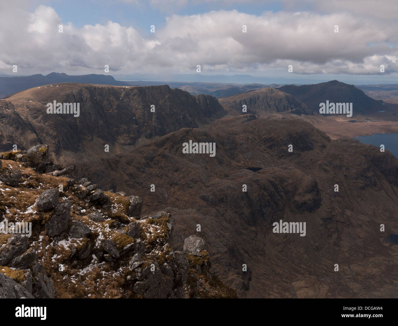 Beinn Lair and Beinn Airigh Charr from the summit of A' Mhaighdean, Letterewe Forest, Wester Ross, Highland, UK Stock Photo