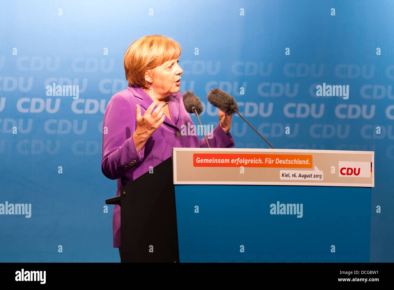 German Chancellor Angela Merkel during an election campaign event on 16.08.2013 in Kiel Stock Photo