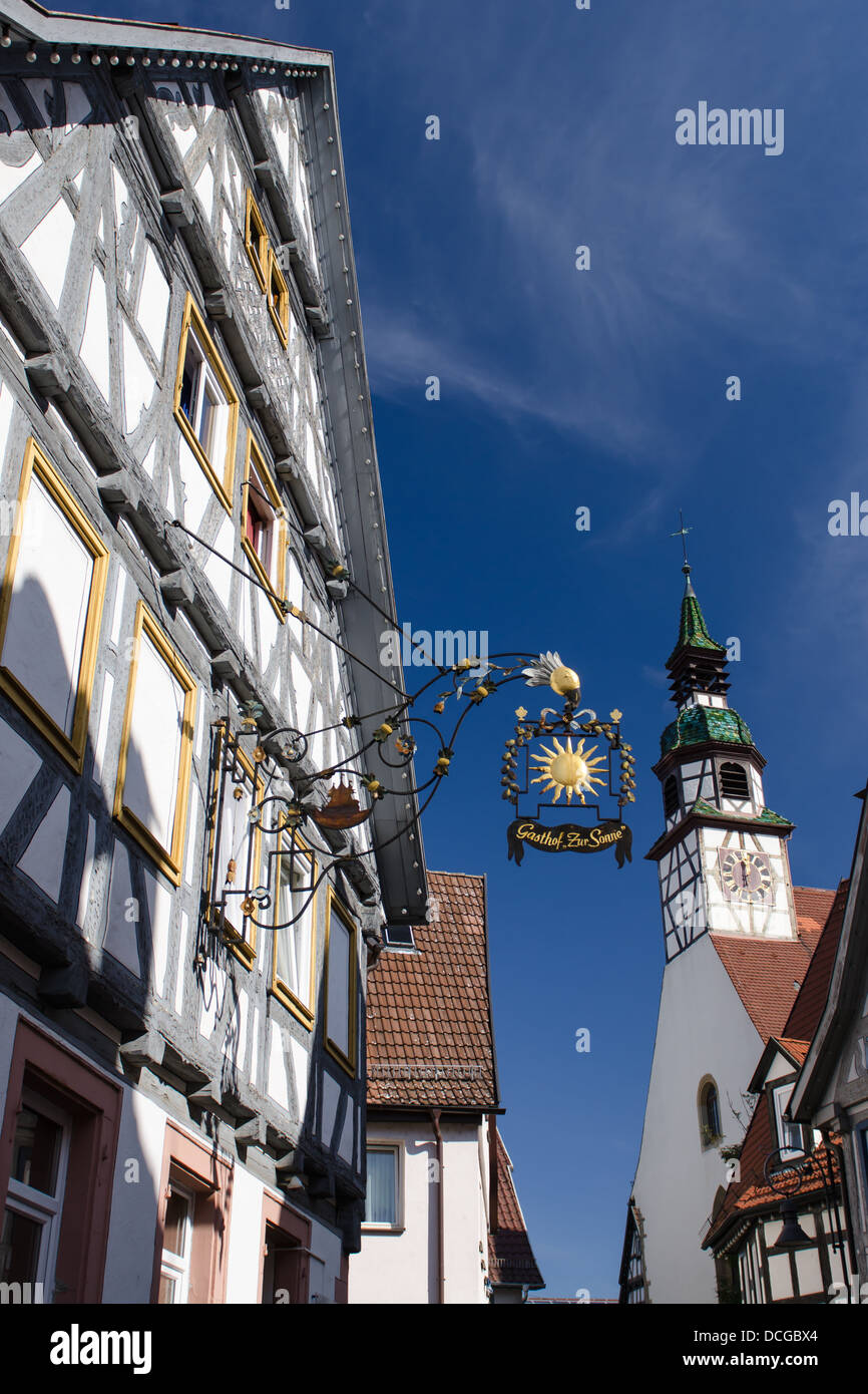 Half timbered house with church in Waiblingen Germany Stock Photo