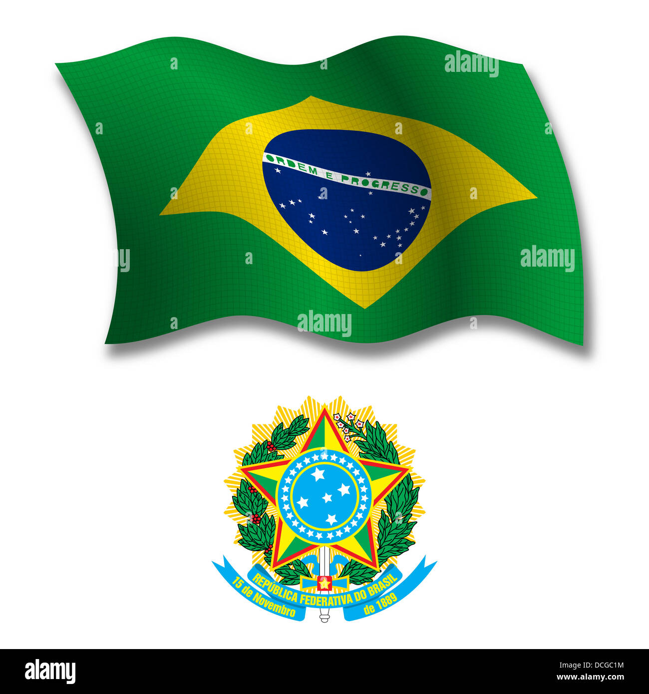 brasil shadowed textured wavy flag and coat of arms against white background, vector art illustration Stock Photo