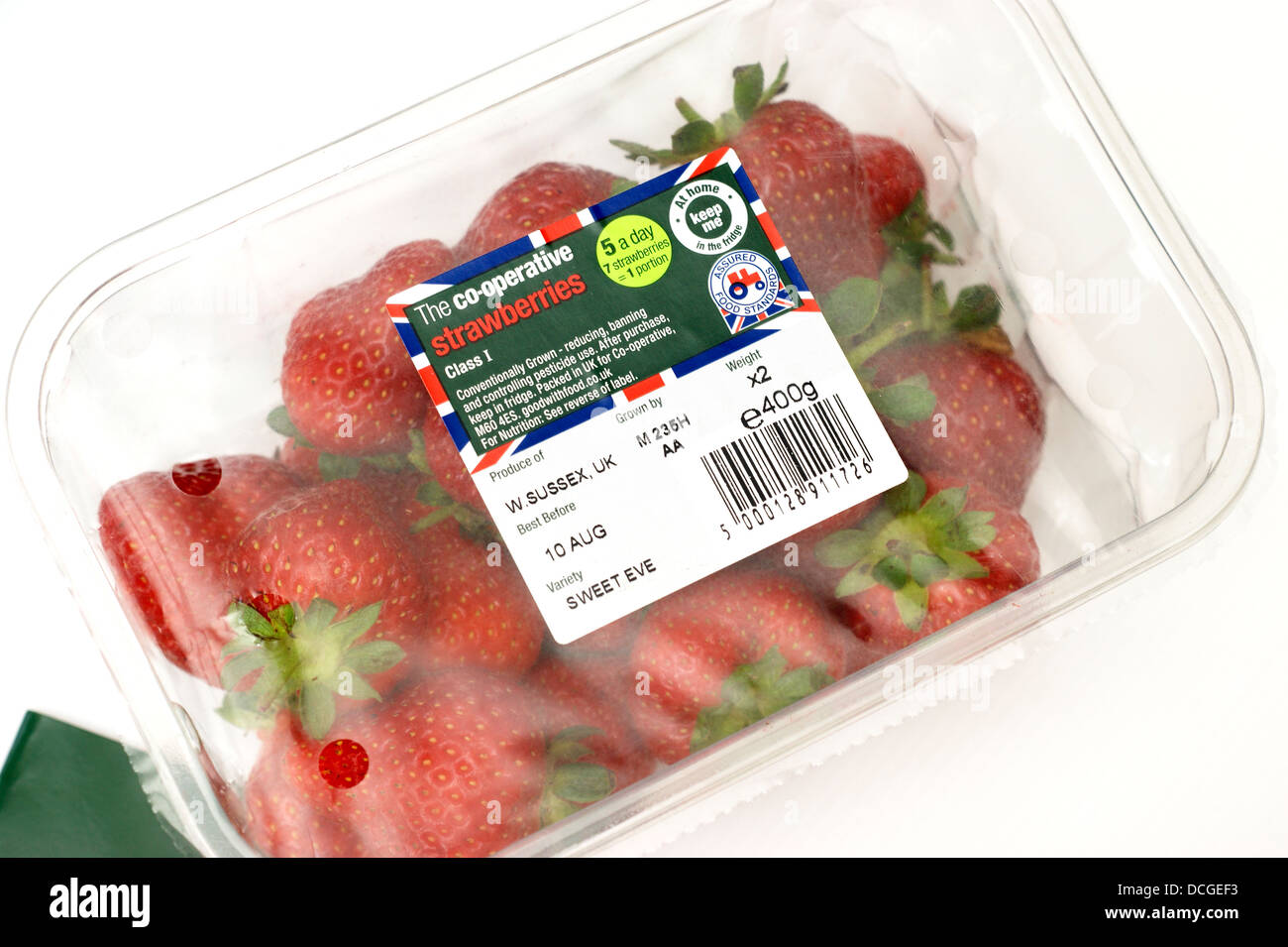 Co - operative strawberries (sweet eve) summer fruits showing the 5 a day British & little red tractor logos Stock Photo
