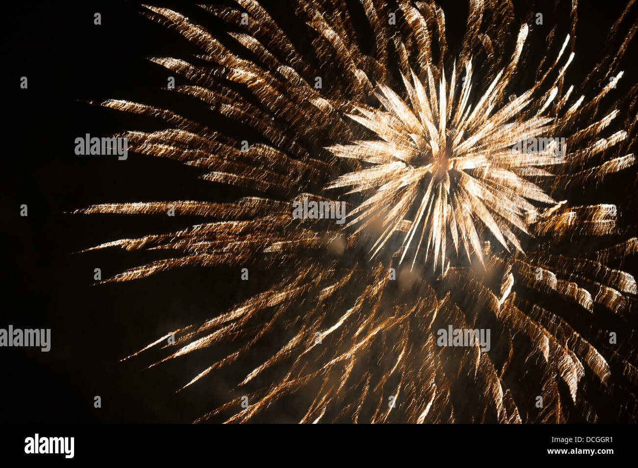Golden color fireworks in the dark sky Stock Photo