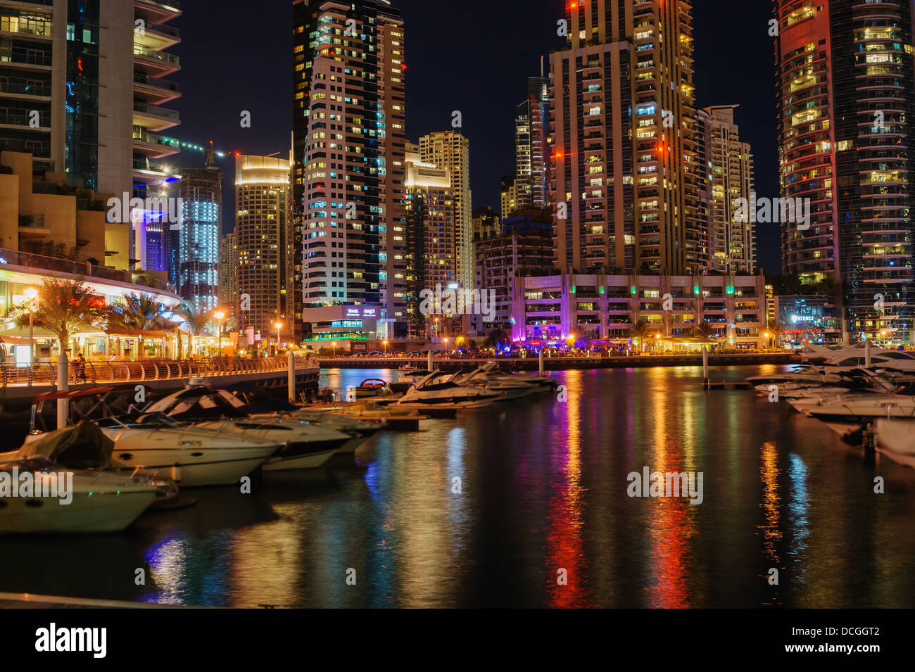 Dubai Marina at night, on November 16, 2012, Dubai, UAE. In the city of artificial channel length of 3 kilometers along the Pers Stock Photo