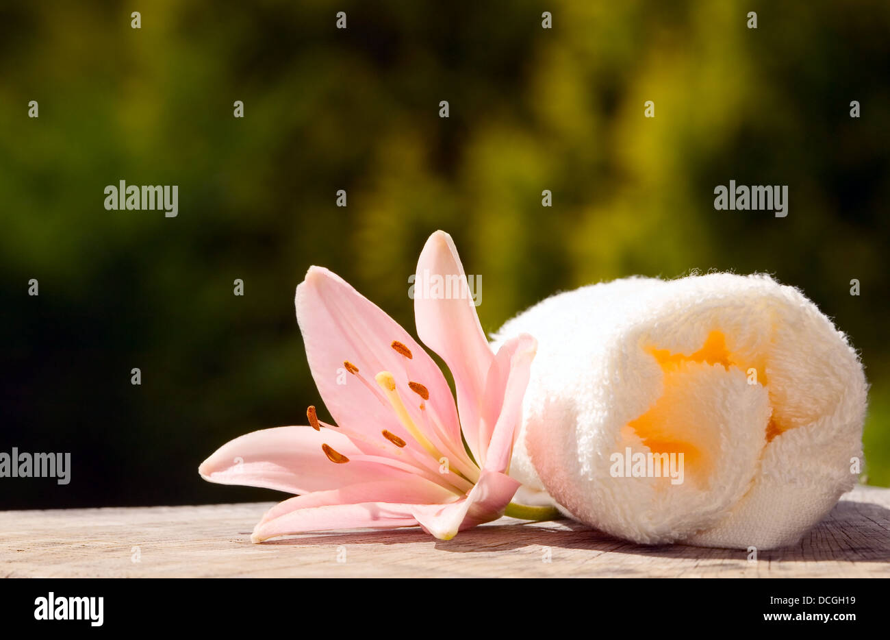 White towels with flower on green nature background Stock Photo