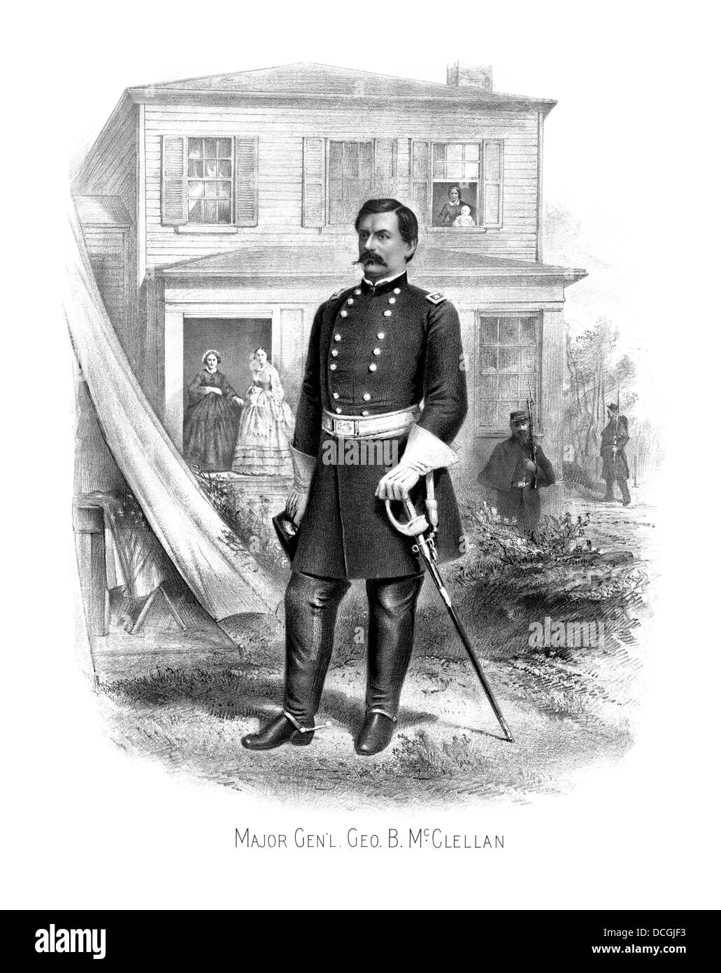 Vintage Civil War print of General George McClellan at Camp Seminary. Stock Photo