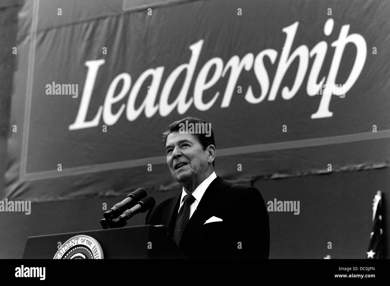 Digitally restored American history photo of President Ronald Reagan giving a campaign speech. Stock Photo