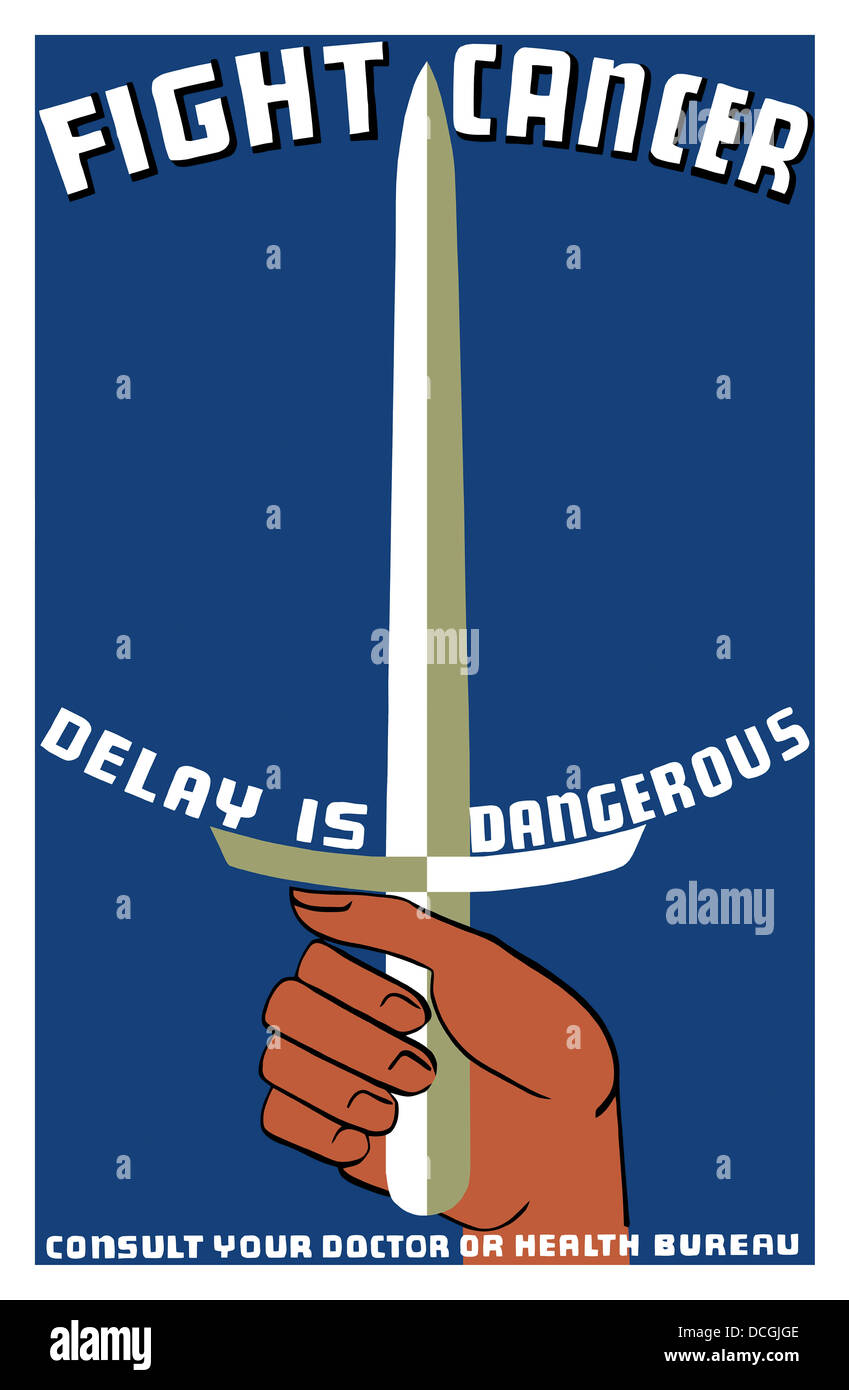 Vintage WPA propaganda poster featuring a hand holding a sword. Stock Photo