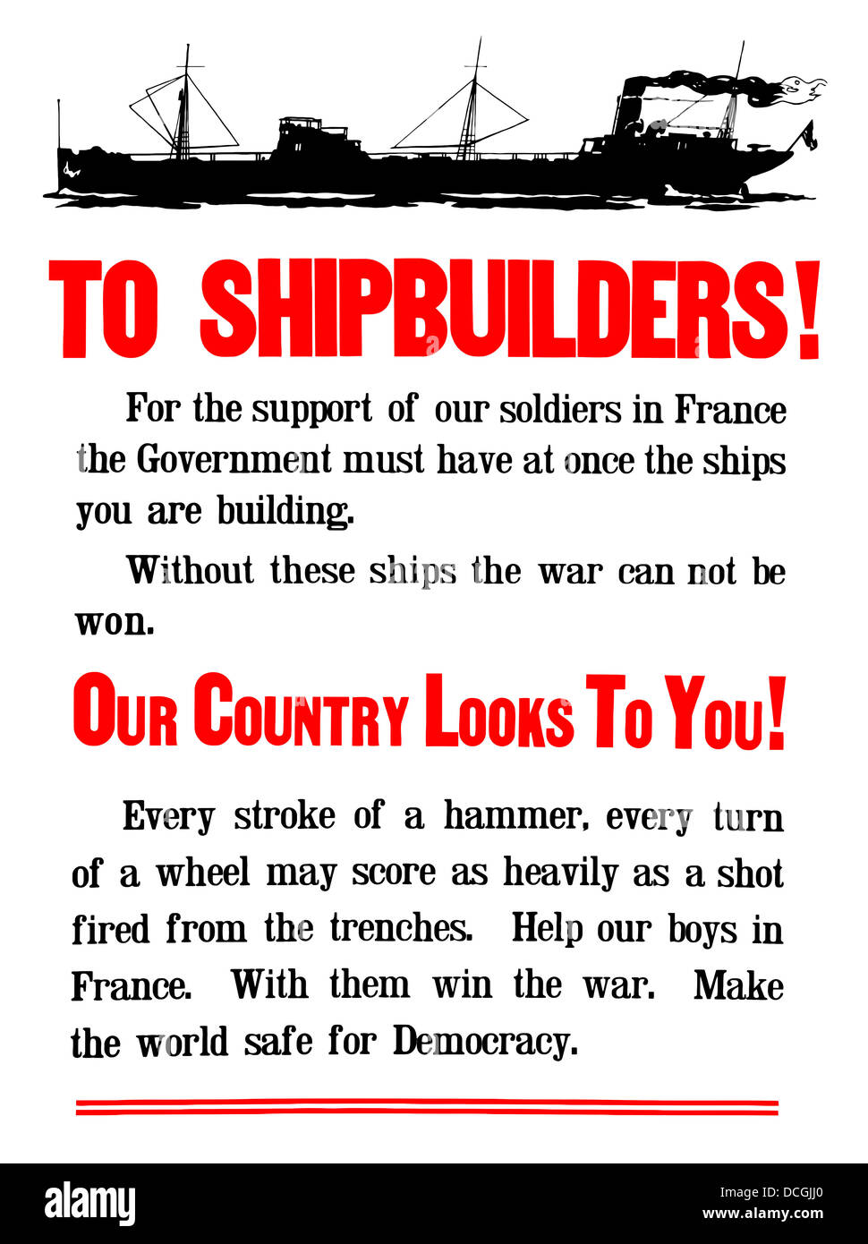 World War II propaganda poster featuring a ship steaming along. Stock Photo