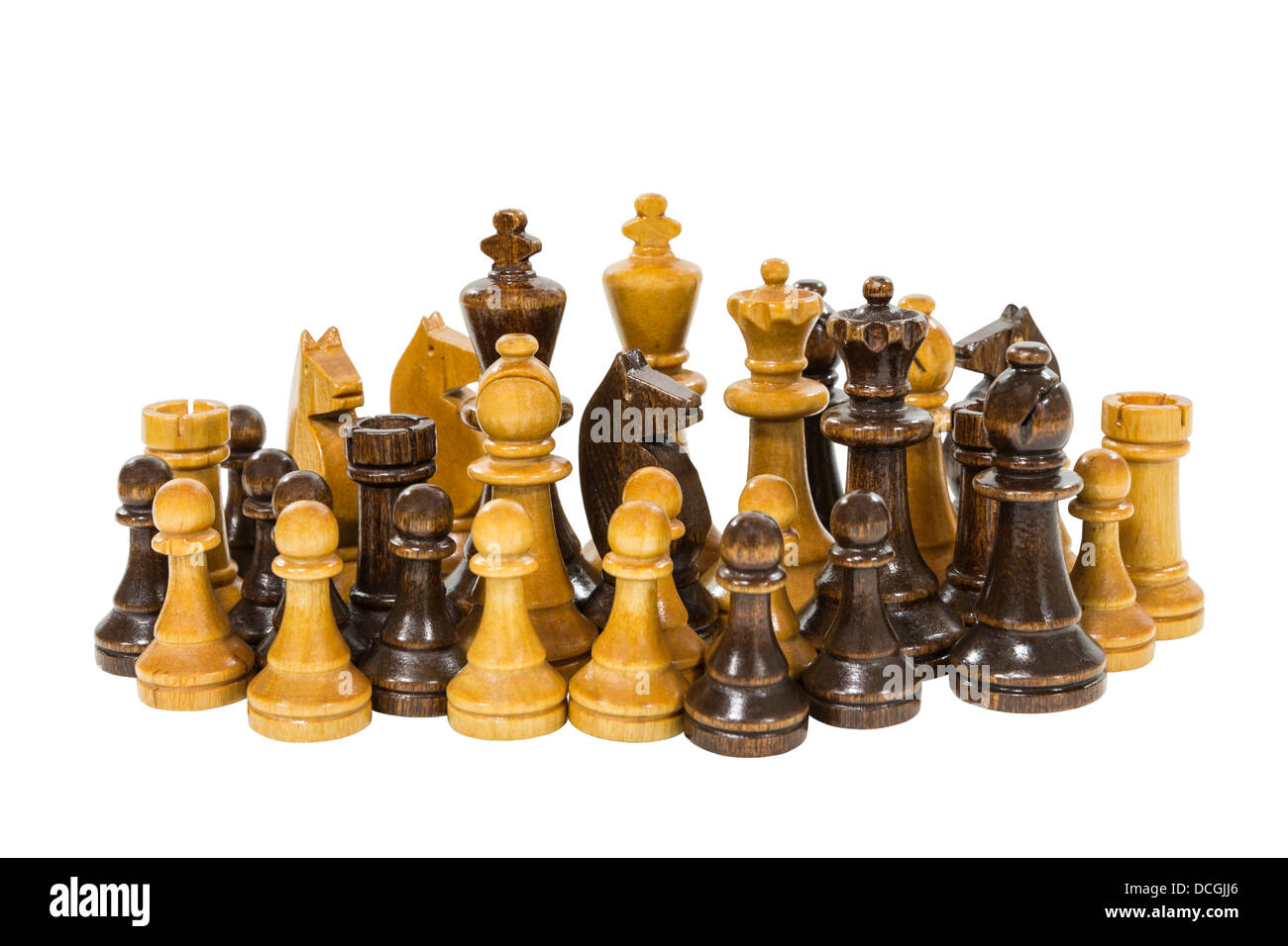 Vintage wooden chess pieces isolated on white. Stock Photo