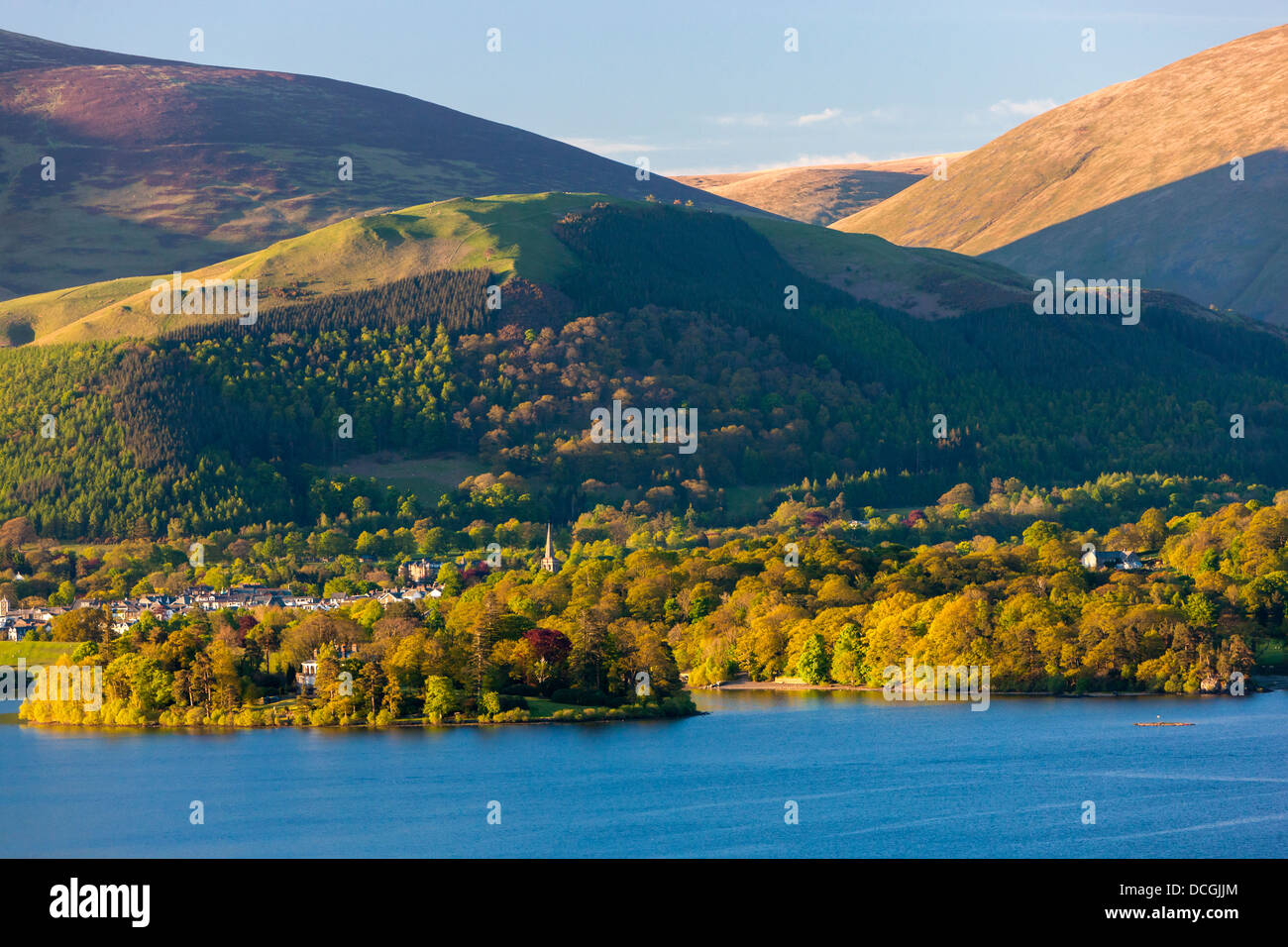 View across Derwent Water towards Keswick, Lake District National Park, Cumbria, England, UK, Europe. Stock Photo