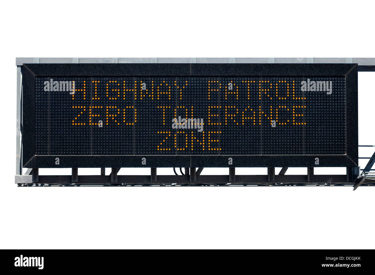 Highway Patrol zero tolerance area electric warning sign isolated. Stock Photo