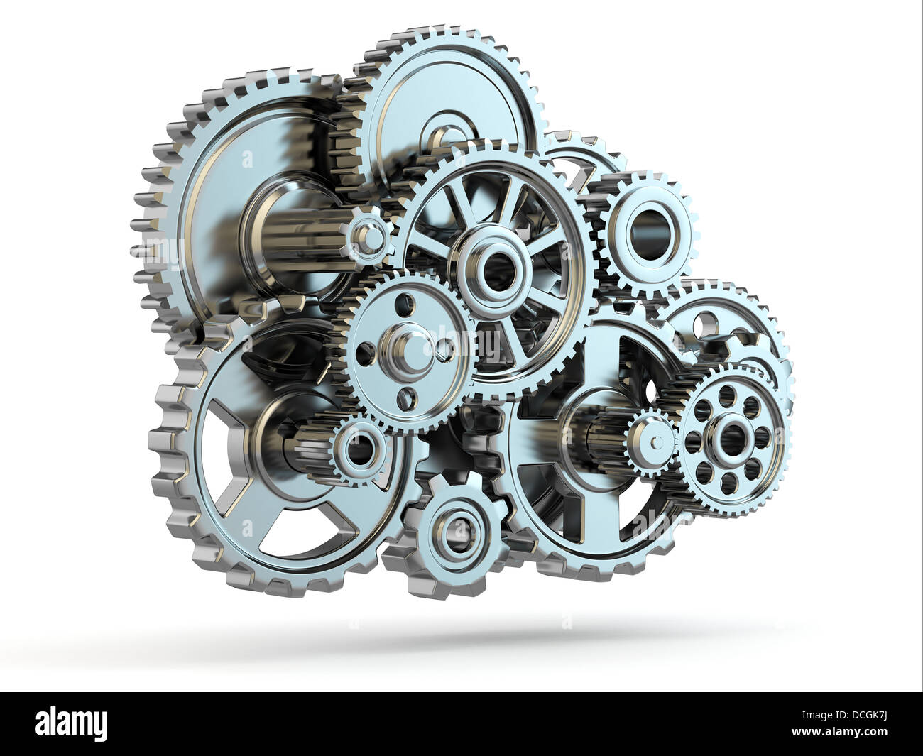Perpetuum mobile. Iron gears on white isolated background. 3d Stock Photo