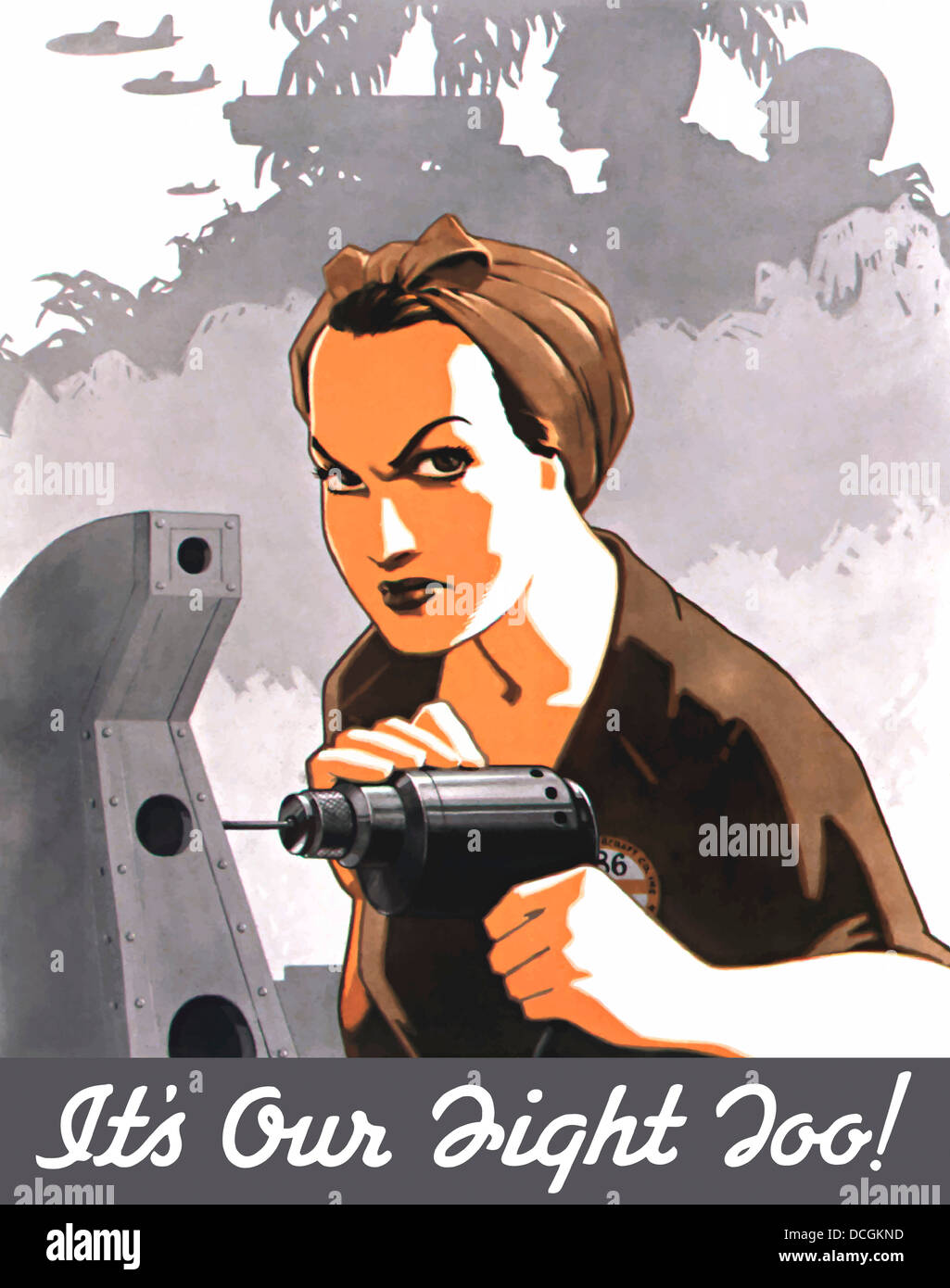 World War II propaganda poster of Rosie the Riveter operating a drill. Stock Photo