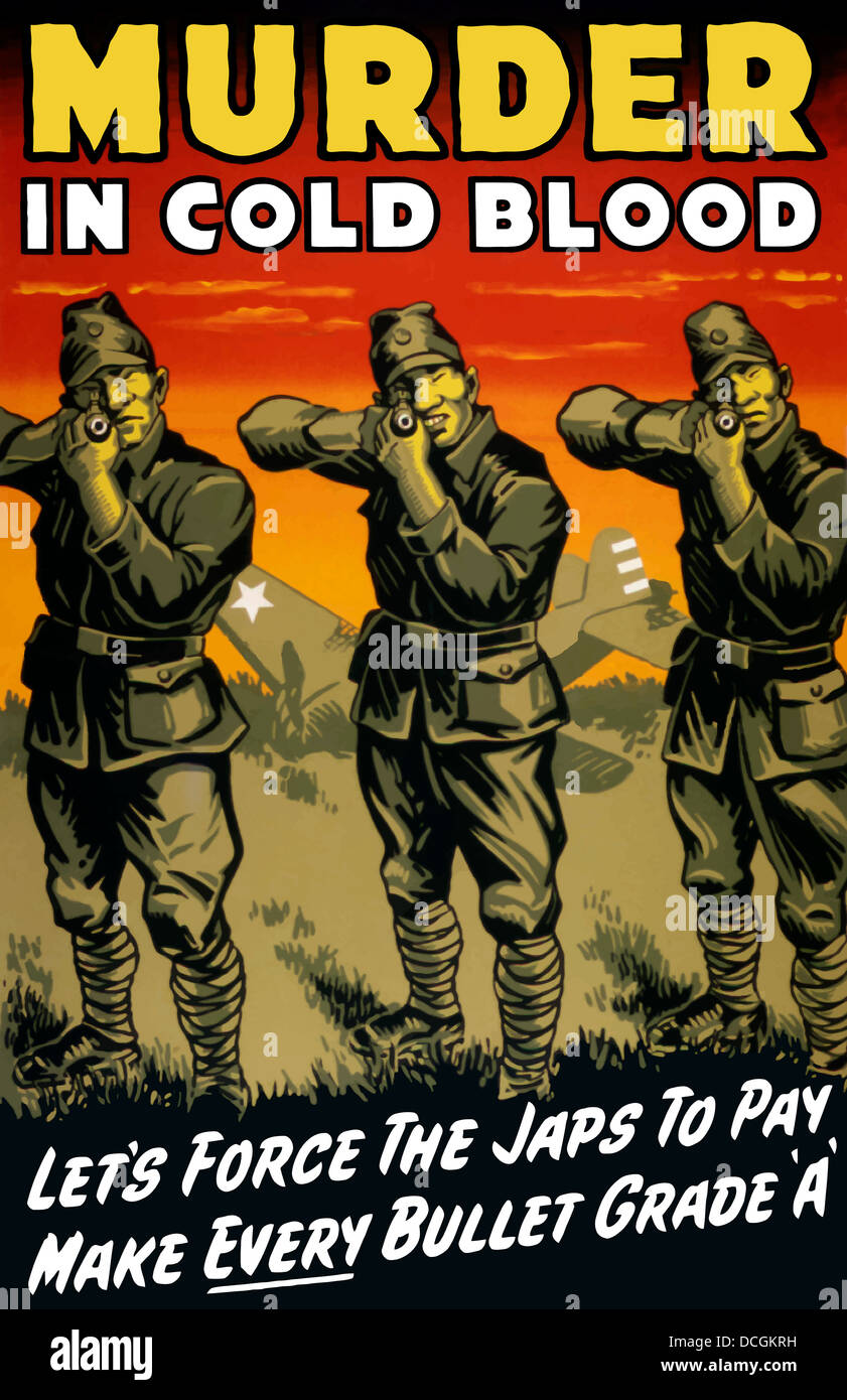 World War II propaganda poster of Japanese soldiers with raised rifles. Stock Photo