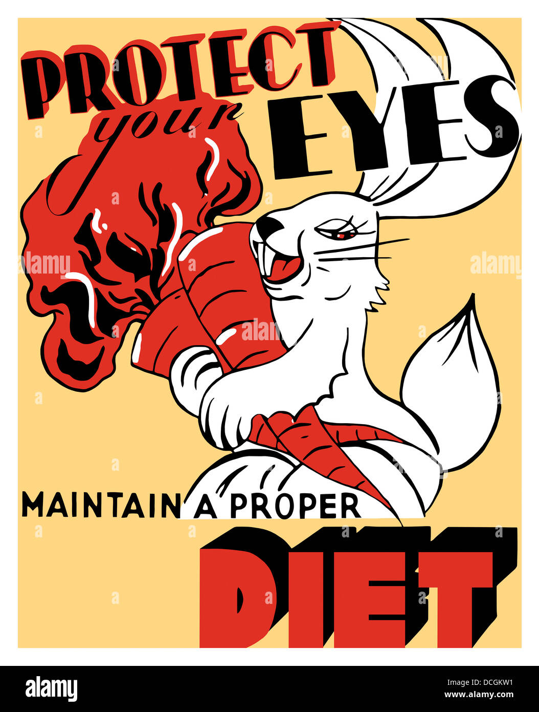 WPA propaganda poster of a cartoon rabbit holding two large carrots ...