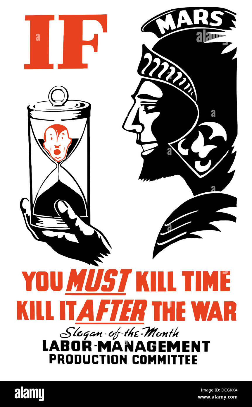 World War II poster of the Roman god of war holding an hourglass. Stock Photo