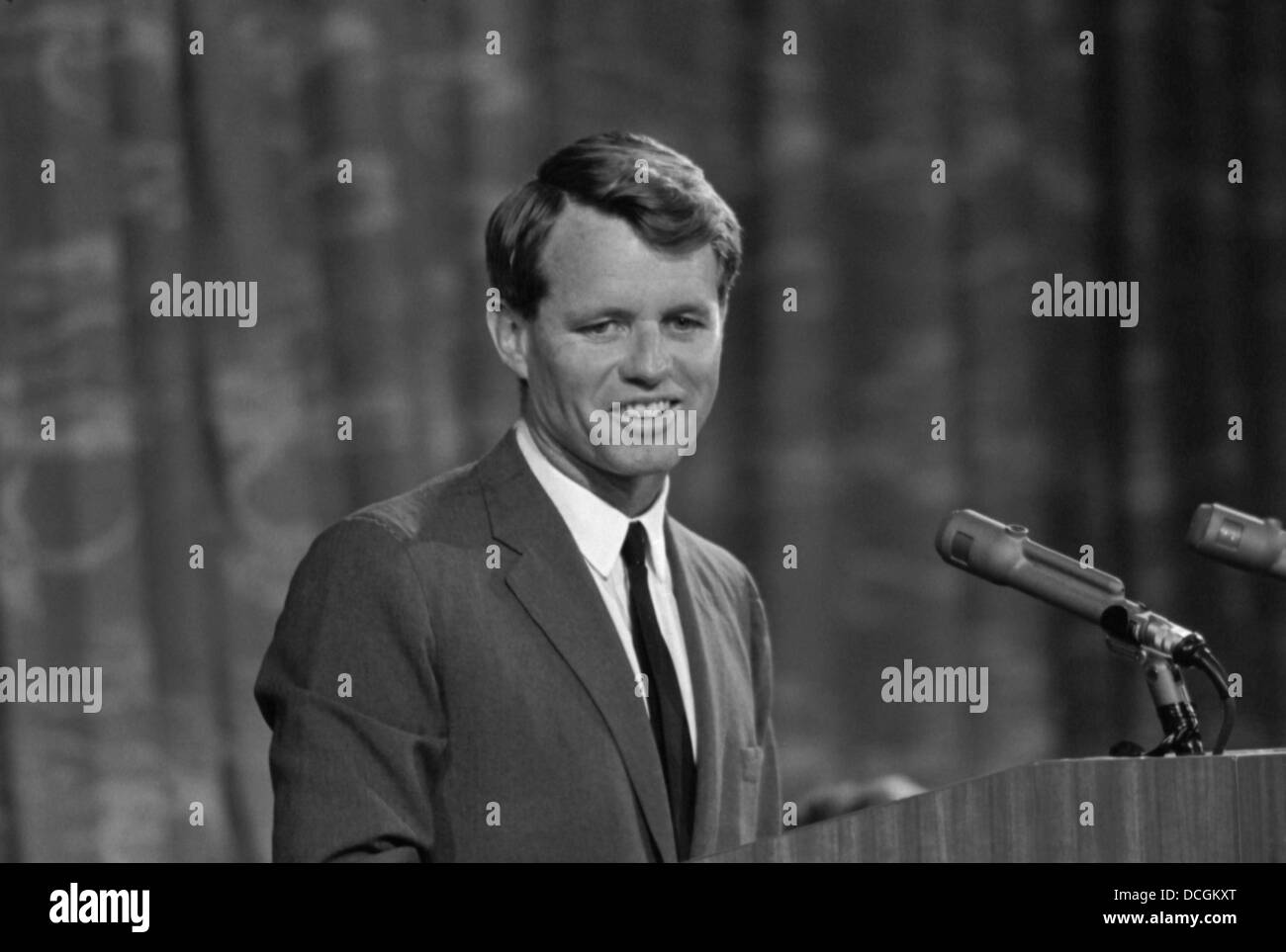 Digitally restored vintage photo of Robert Kennedy speaking at a podium. Stock Photo