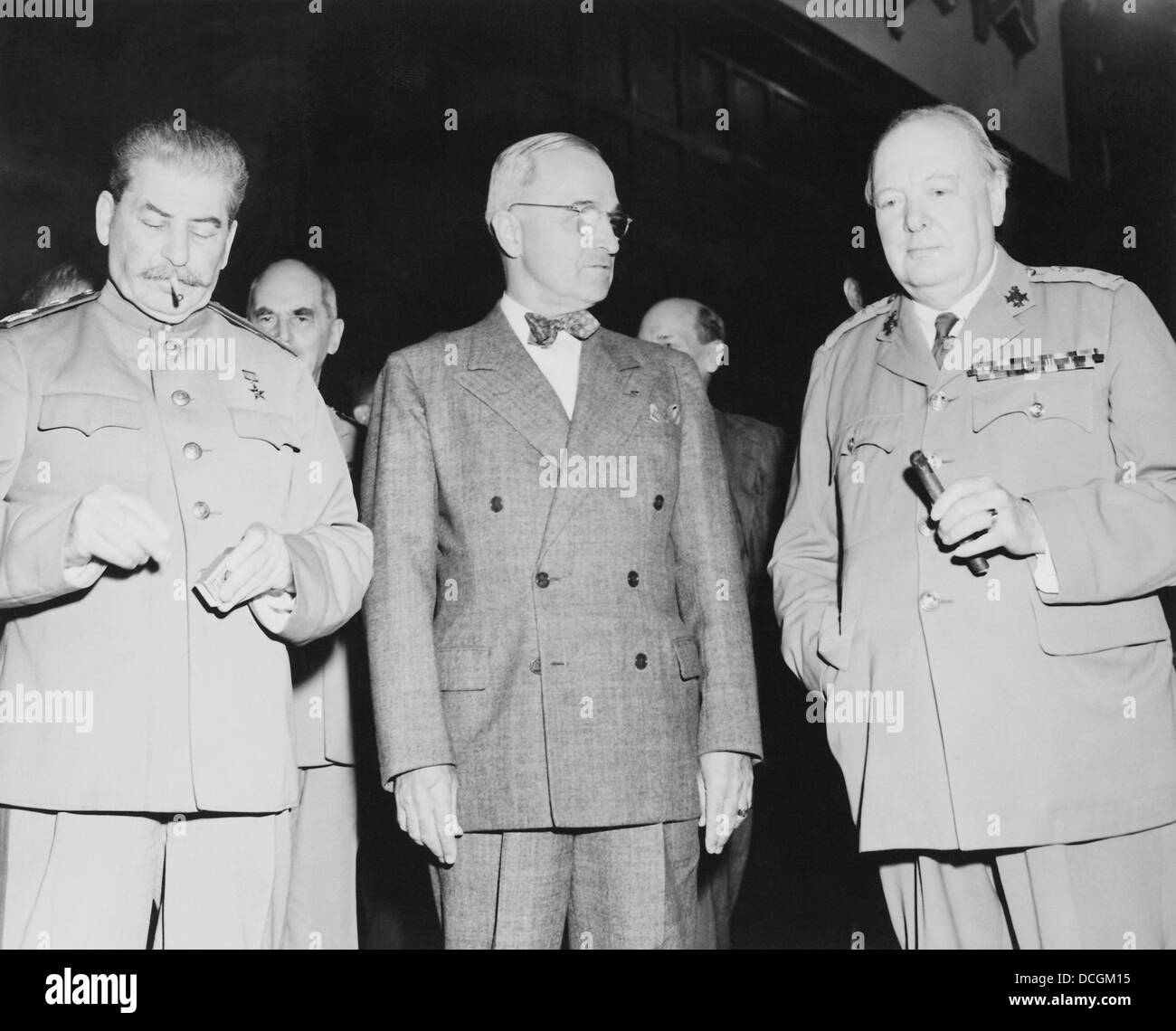 Vintage World War II photo of Premier Joseph Stalin, President Harry Truman, and Prime Minister Winston Churchill. Stock Photo