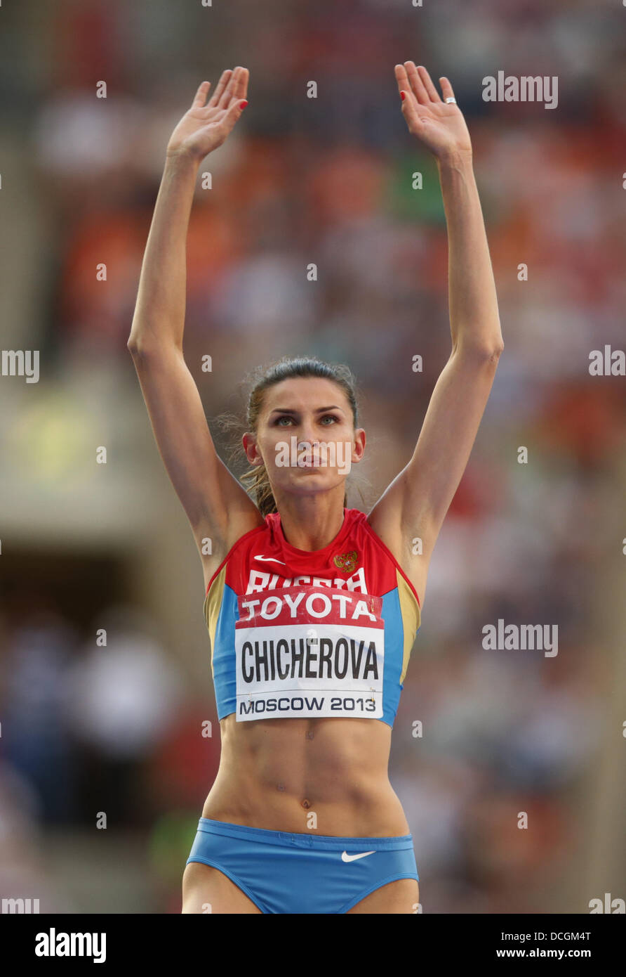 Moscow, Russia. 17th Aug, 2013. Anna Chicherova of Russia reacts in the ...