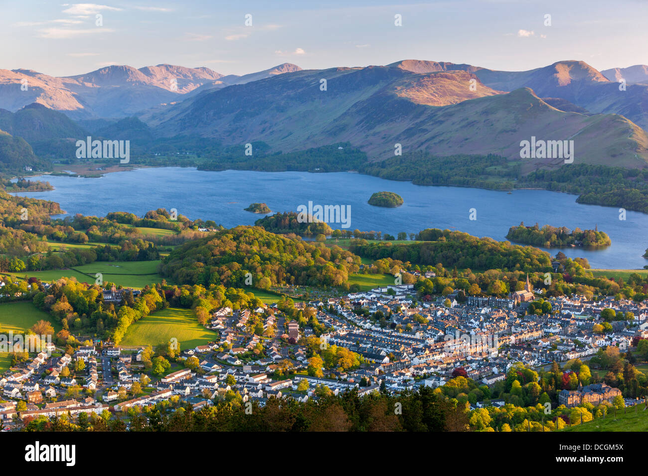 Keswick and Derwent Water from Latrigg Fell, Lake District National Park, Cumbria, England, UK, Europe. Stock Photo